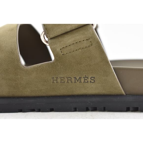 Hermes Chypre Sandal Mens Vert Toundra Green Suede Black H Logo Slide Flat 46 13 - Picture 13 of 16